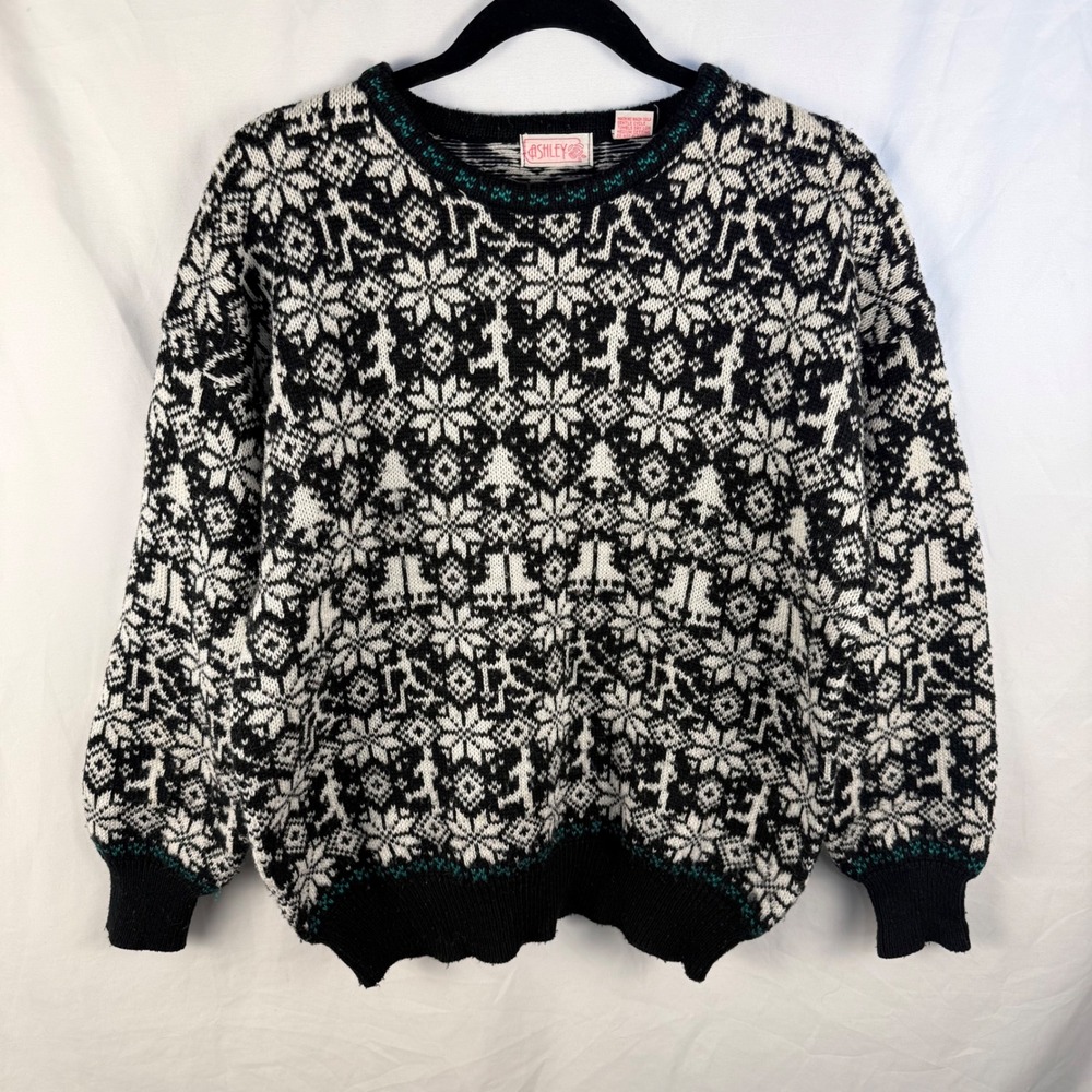 Vintage Ashley Acrylic Fair Isle Black & White Sweater XL Cottage Hygge